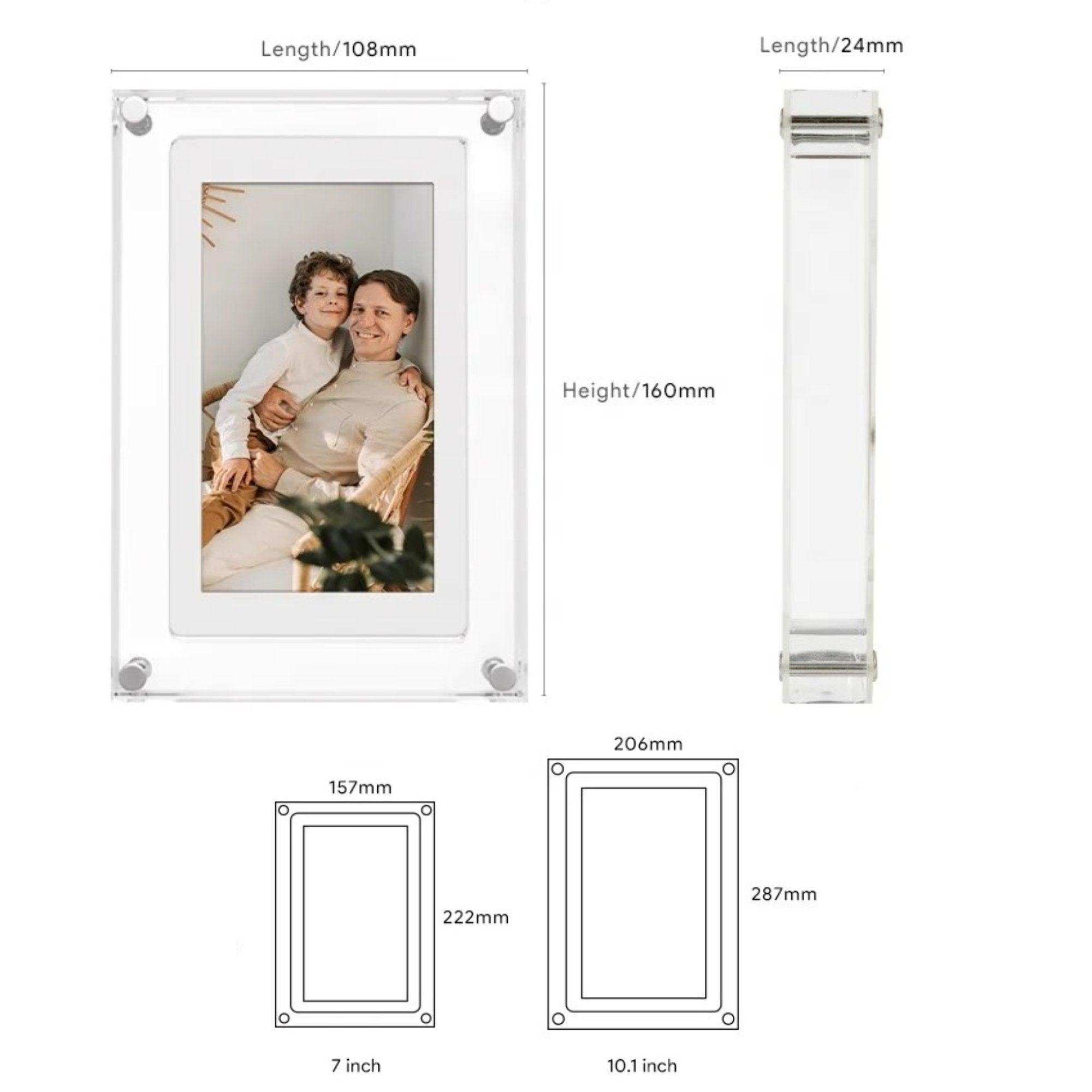 Acrylic digital photo frame with touchscreen, size diagrams, and a family photo shown, TUTT