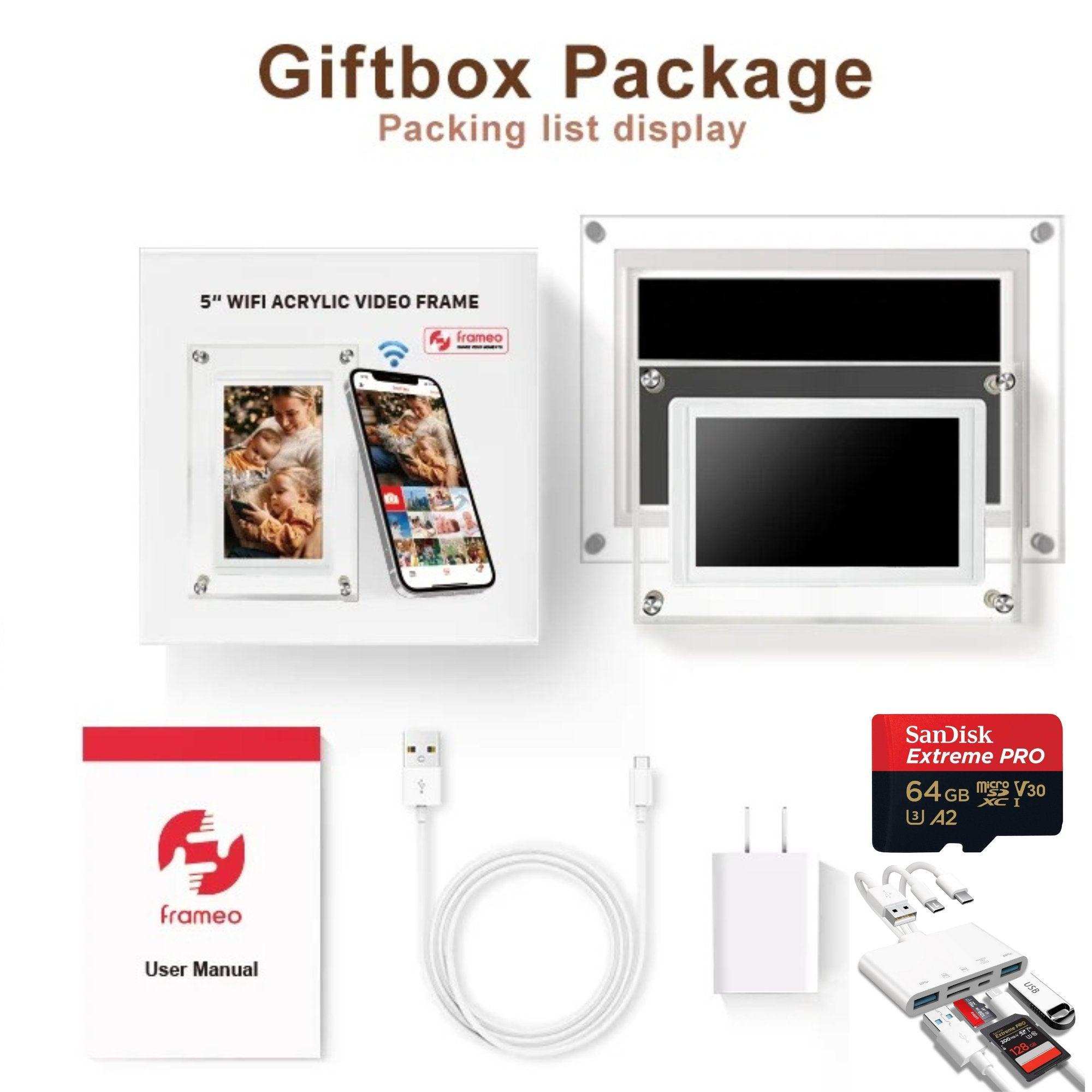 TUTT 7 and 10 inch acrylic digital photo frame wifi IPS touchscreen kit with Frameo app, 32GB storage, SanDisk Extreme Pro 64GB micro SD card, card reader, USB cable, charger, user manual TUTT