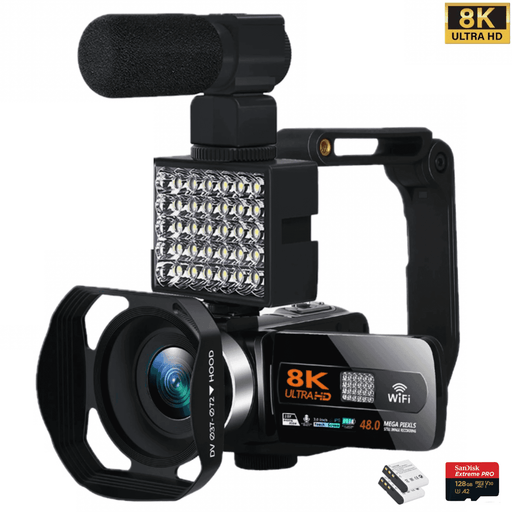 8K Ultra HD camcorder with external microphone, LED light, Sandisk 128GB card, and two batteries, TUTT