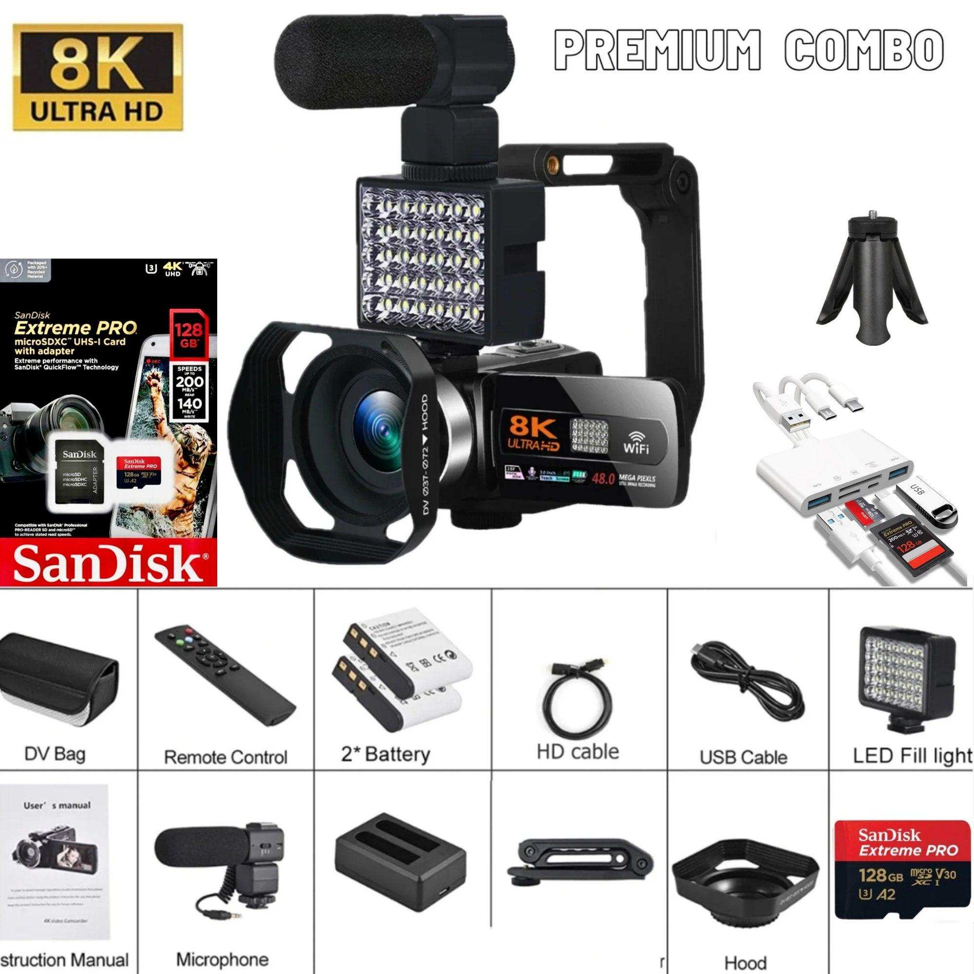 8K Ultra HD digital camcorder bundle with microphone, LED light, SanDisk 128GB card, and accessories, labeled as premium combo. TUTT