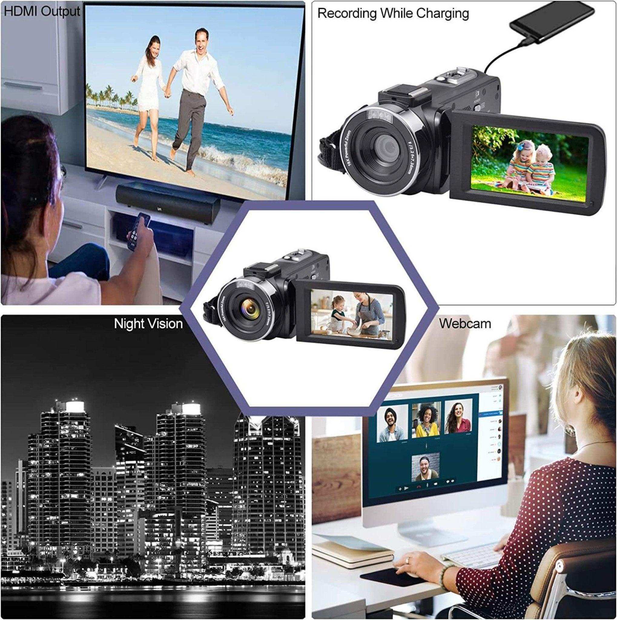 8K WiFi digital video camera camcorder shown with HDMI output, night vision, webcam, and charging features TUTT