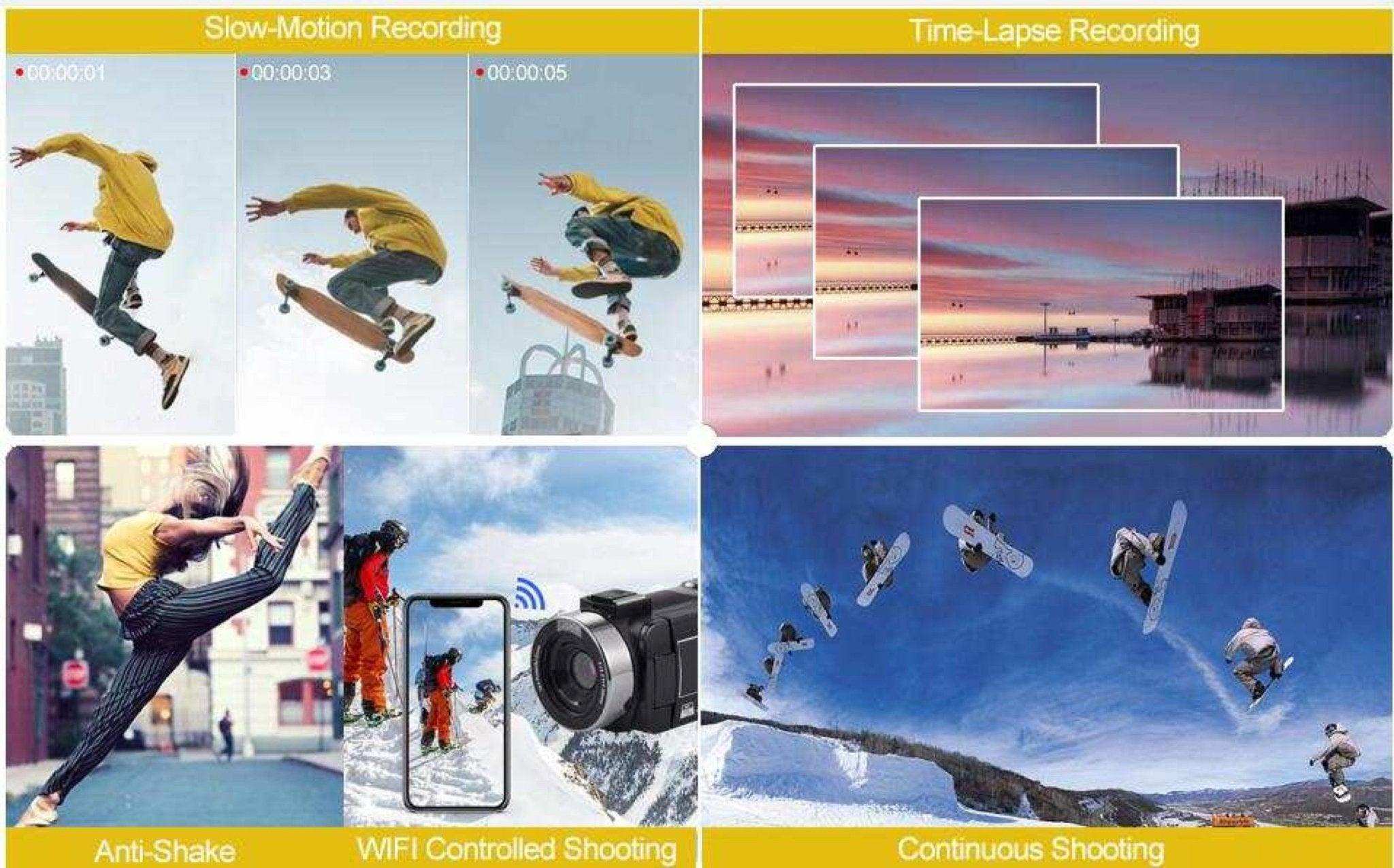 Collage showing slow-motion recording, time-lapse, anti-shake, WiFi shooting, and continuous shooting features of a digital camcorder, with action shots of skateboarding, dance, snowboarding, and a landscape sunset. TUTT