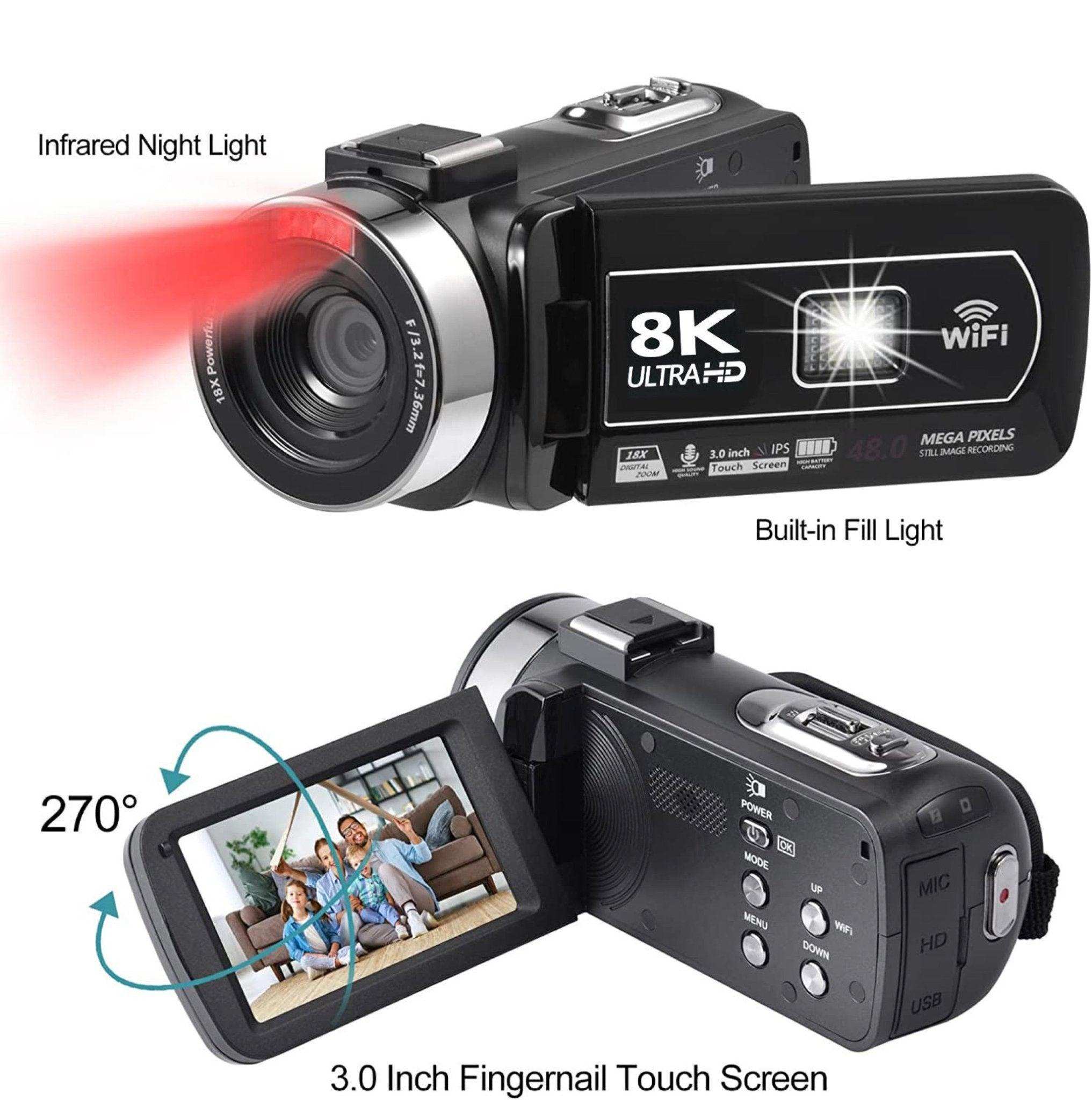 8K Ultra HD WiFi digital camcorder with infrared night vision, flip-out LCD touchscreen. TUTT