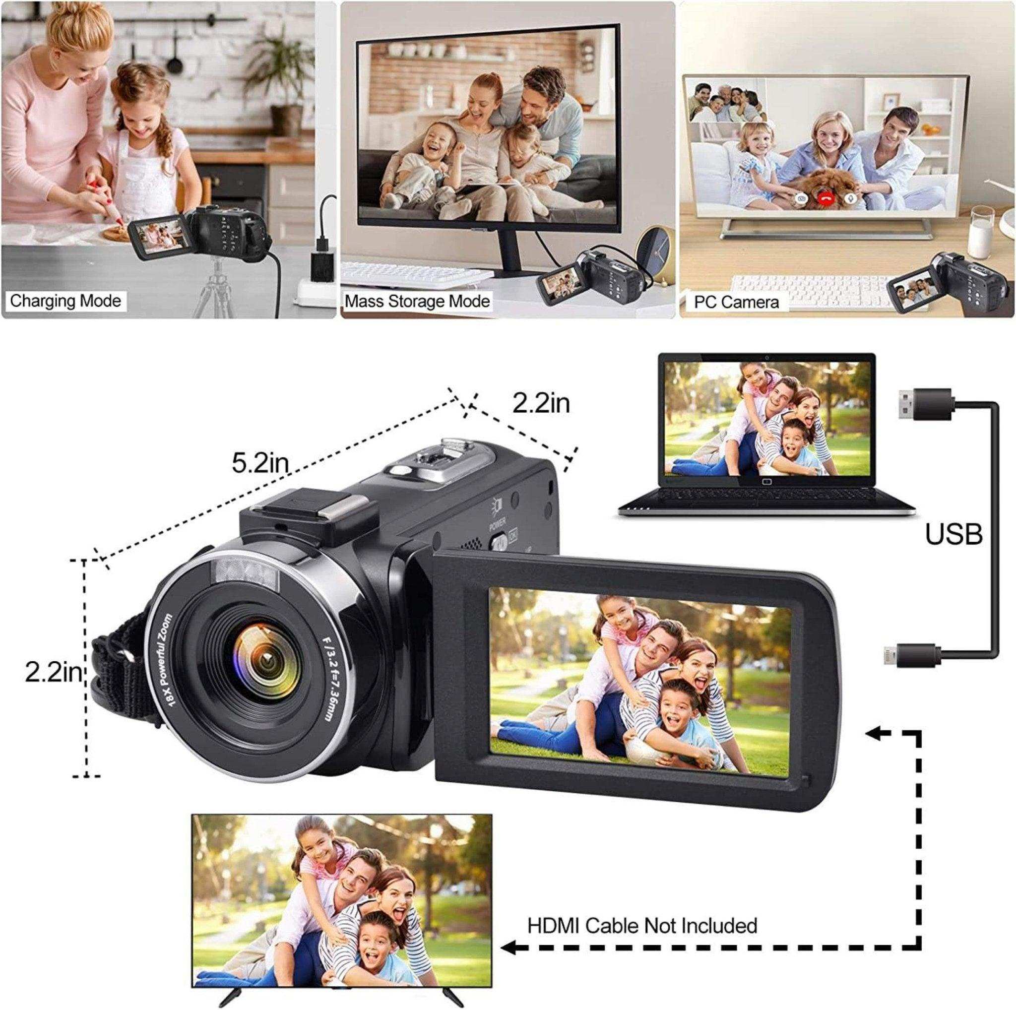 TUTT 4K digital camcorder with flip screen, showing modes: charging, mass storage, PC camera, HDMI, USB.