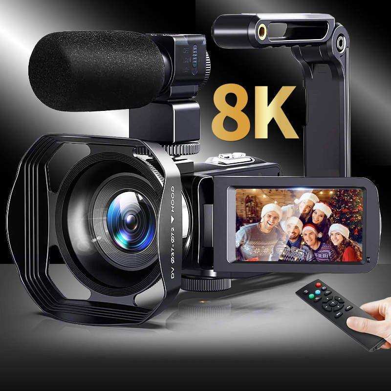 8K digital camcorder with flip-out LCD screen, microphone, and remote control, TUTT