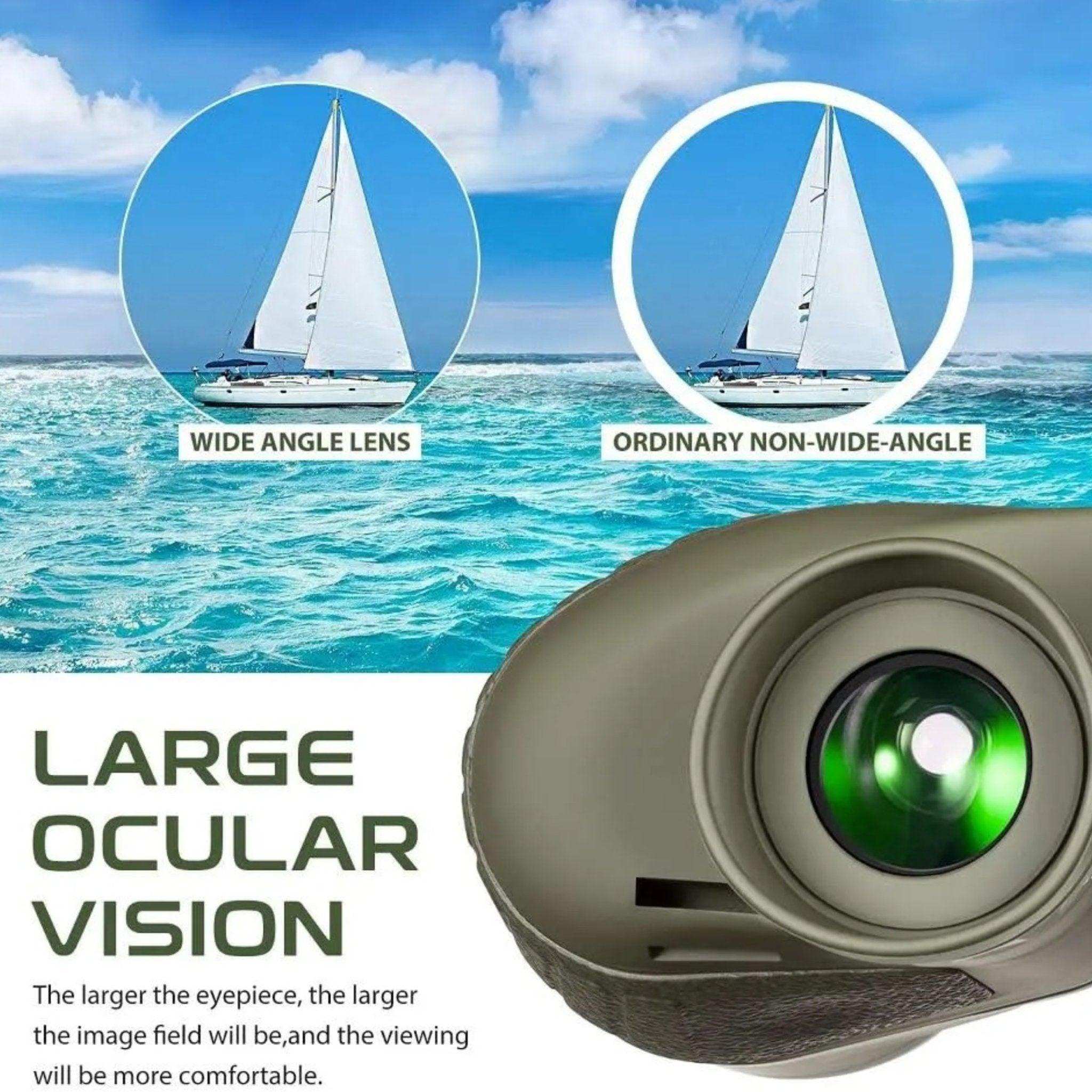 Binocular eyepiece with two comparison views of a sailboat through wide angle and non-wide angle lenses, blue sea background, large ocular vision text, TUTT