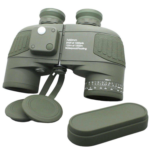 Rugged green waterproof 7x50 binoculars with internal rangefinder and compass, lens caps shown TUTT