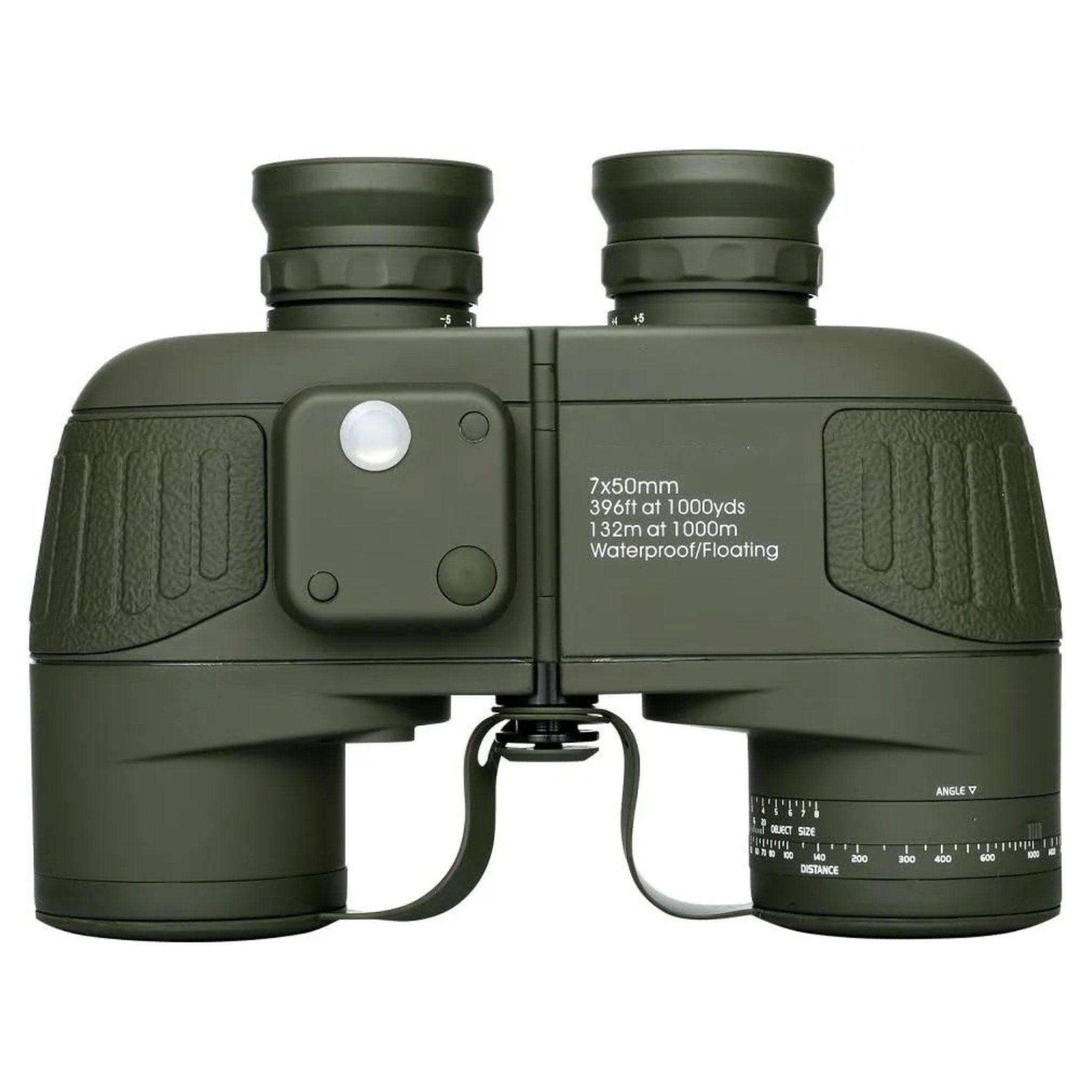 Green rugged waterproof 7x50 binoculars with internal rangefinder and compass TUTT