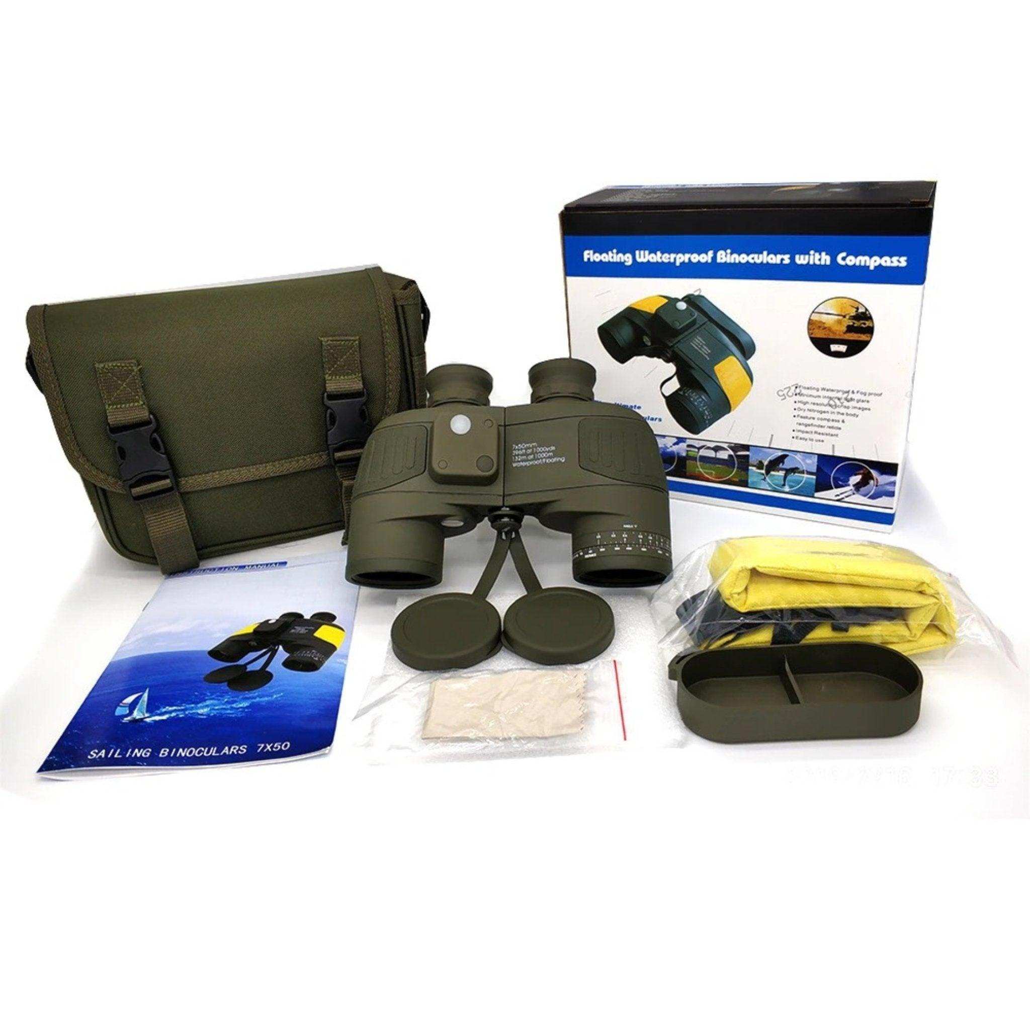 Rugged waterproof 7x50 binoculars with compass, rangefinder, case, and accessories set TUTT
