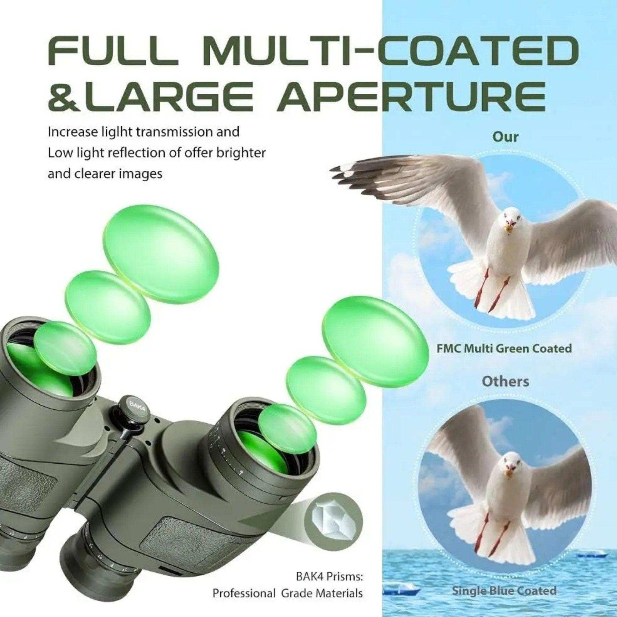 Rugged waterproof binoculars with green multi-coated lenses, BAK4 prisms, and seagull comparison TUTT
