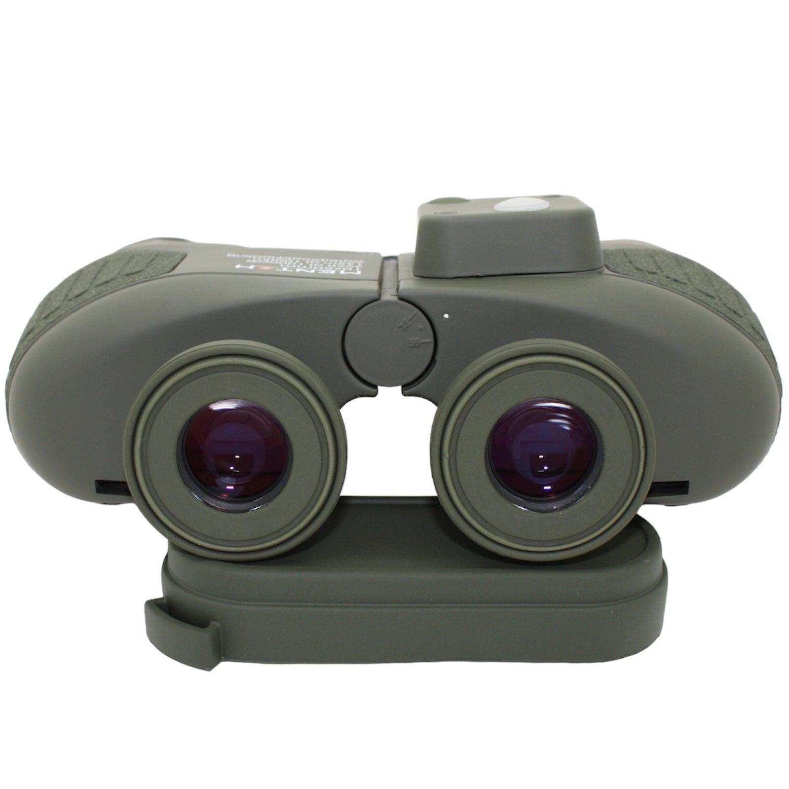 Green rugged waterproof binoculars with internal rangefinder and compass on white background TUTT