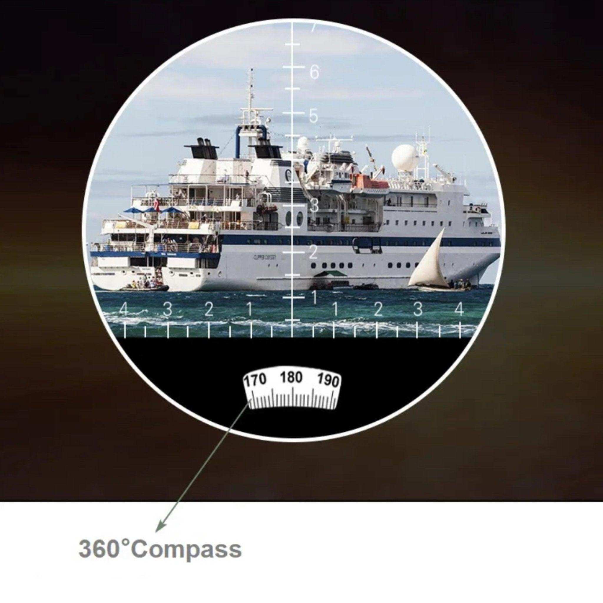 View of a ship through binoculars with rangefinder reticle and 360° compass scale, TUTT