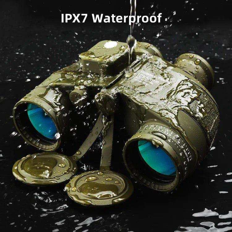 Rugged waterproof binoculars with blue lenses under running water, IPX7 rating shown. TUTT