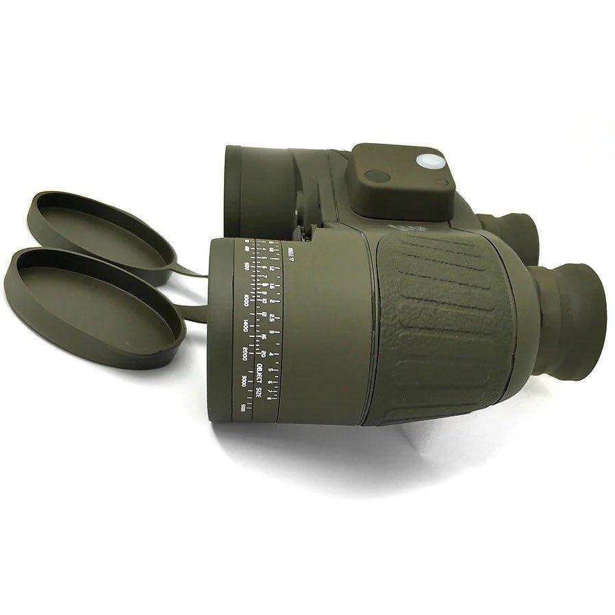 Rugged waterproof olive green binoculars with internal rangefinder and compass, lens caps open. TUTT