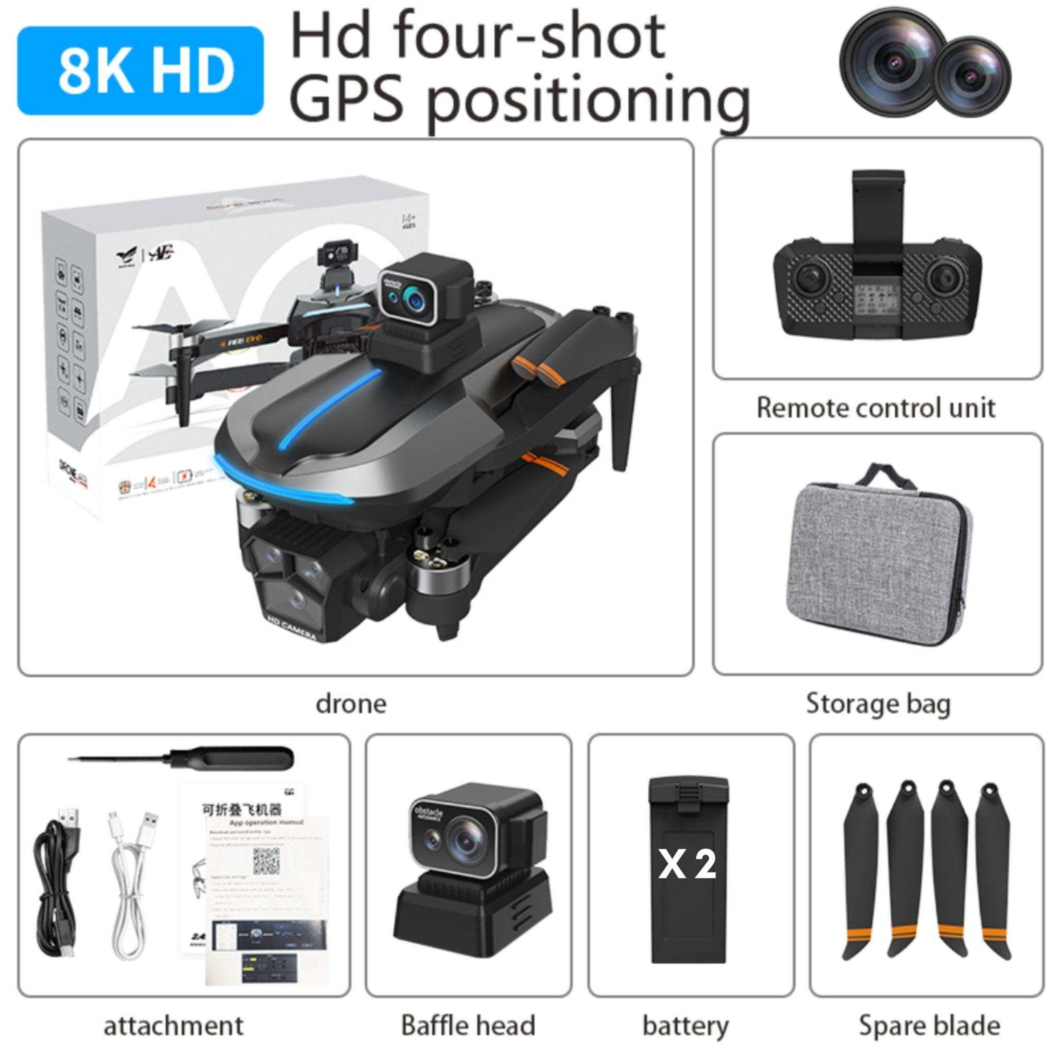 8K HD professional GPS drone kit with dual cameras, remote, storage bag, and accessories. TUTT