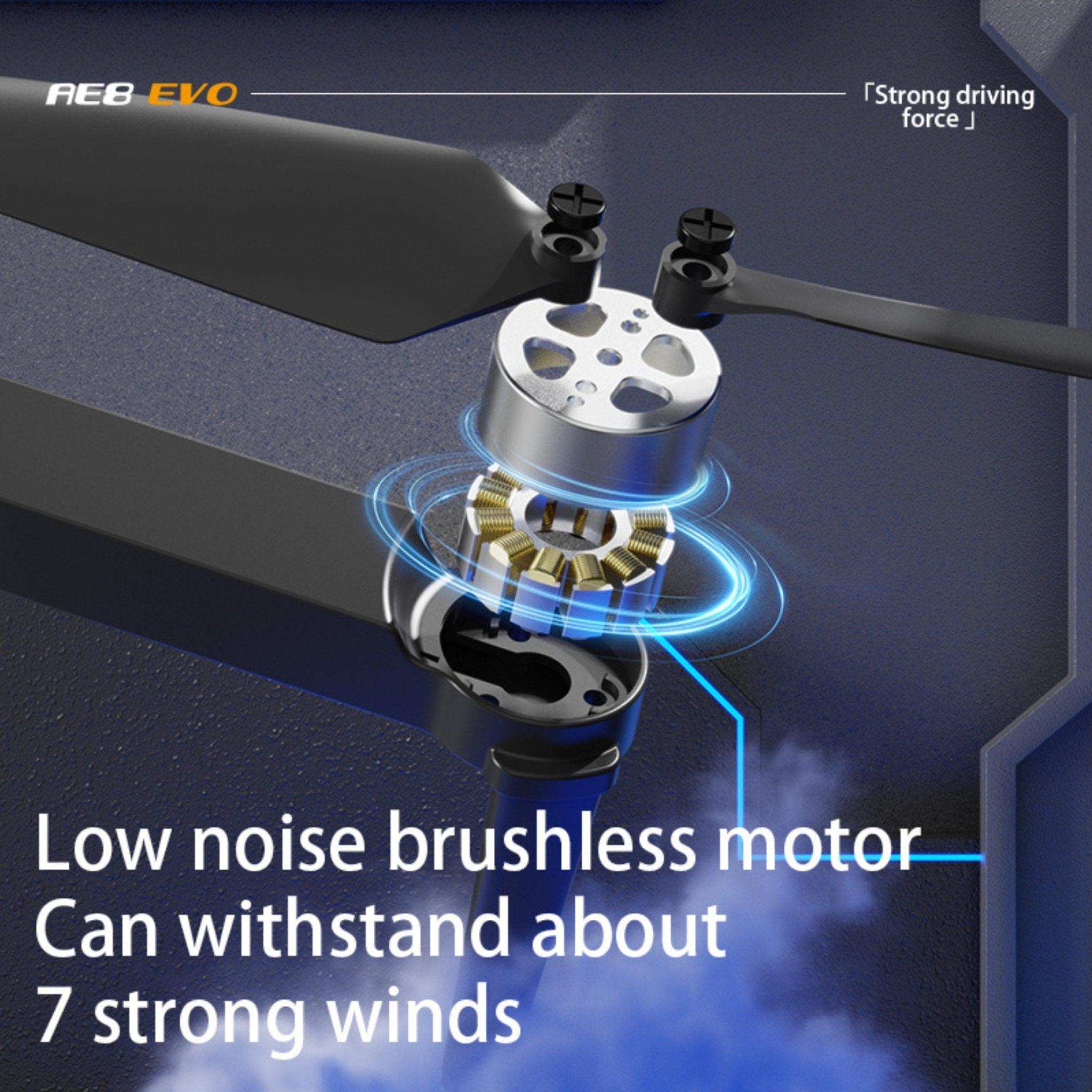 Close-up of drone brushless motor with propellers, labeled low noise and wind resistance, TUTT