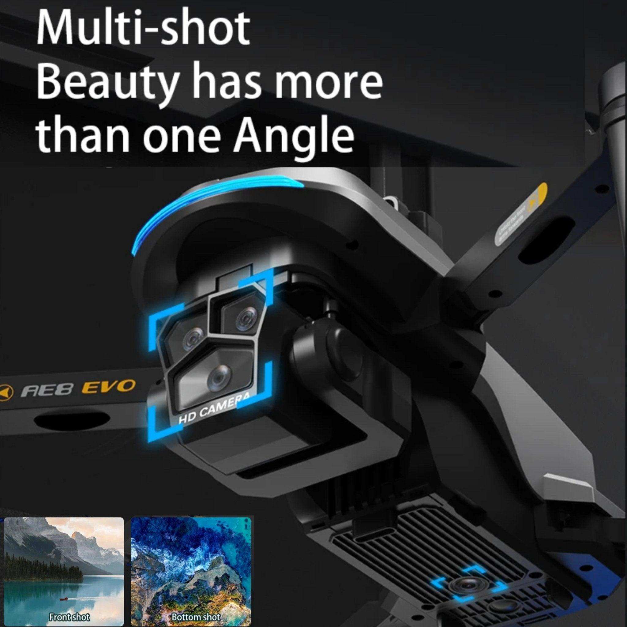 Close-up of AEB EVO dual HD camera drone with blue LED light, text overlay, and front-bottom shots. TUTT