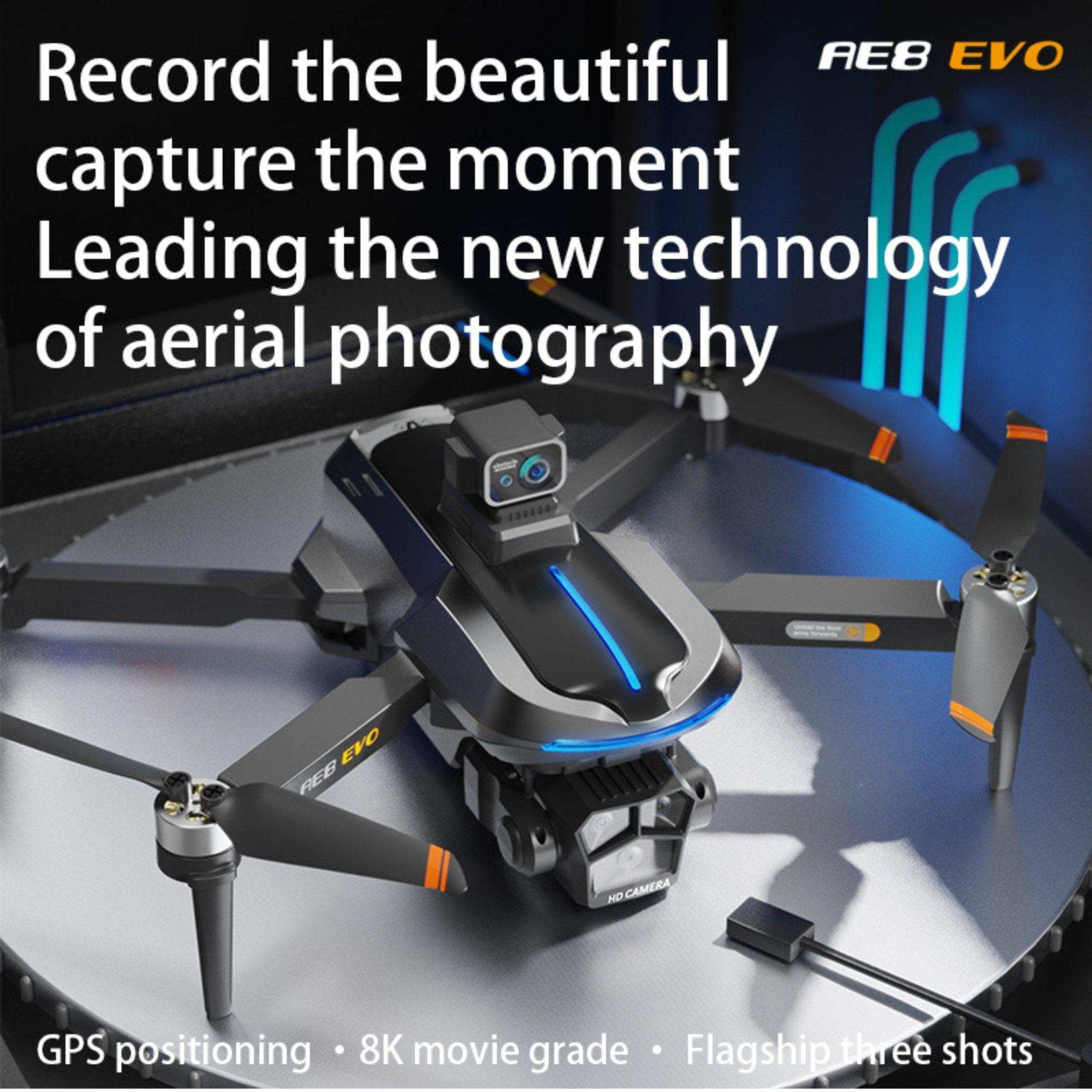 RE8 EVO 8K professional GPS drone with dual HD cameras and 3-axis gimbal showcased on a platform, TUTT
