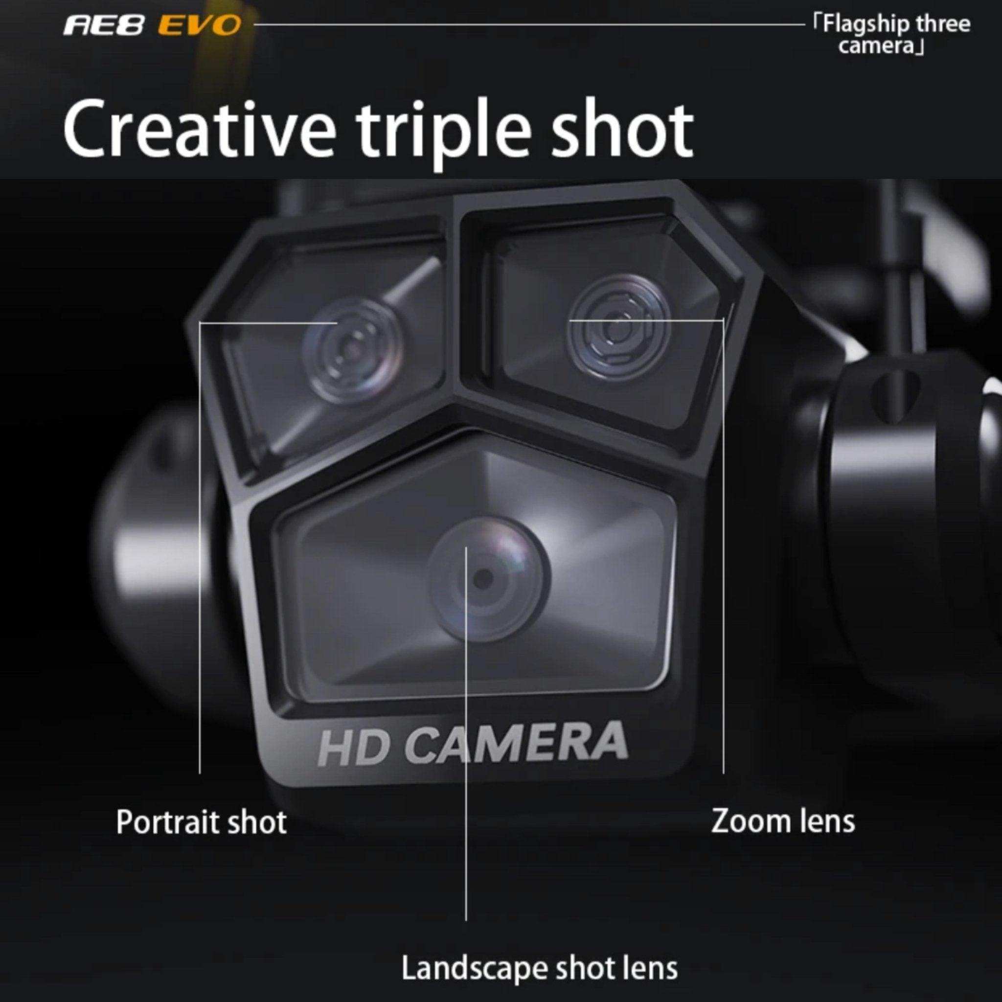 Close-up of drone HD camera system with triple lenses for portrait, landscape, and zoom shots TUTT