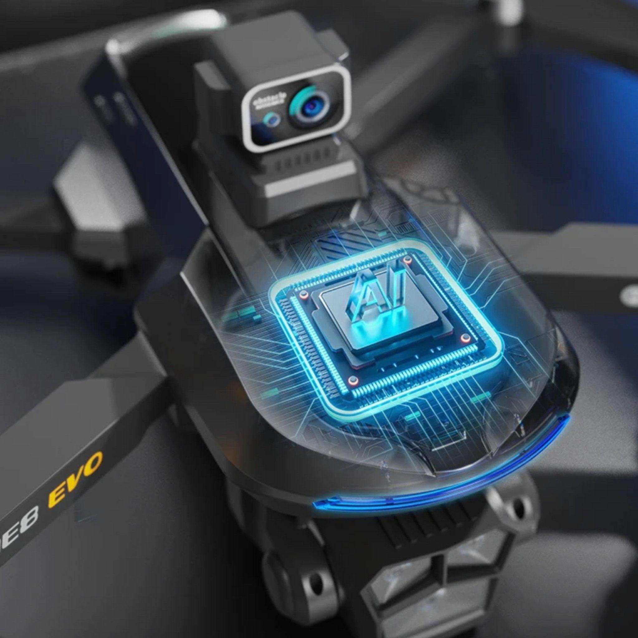 Close-up of a professional GPS 5G drone with dual HD camera and AI chip, EVO branding visible. TUTT