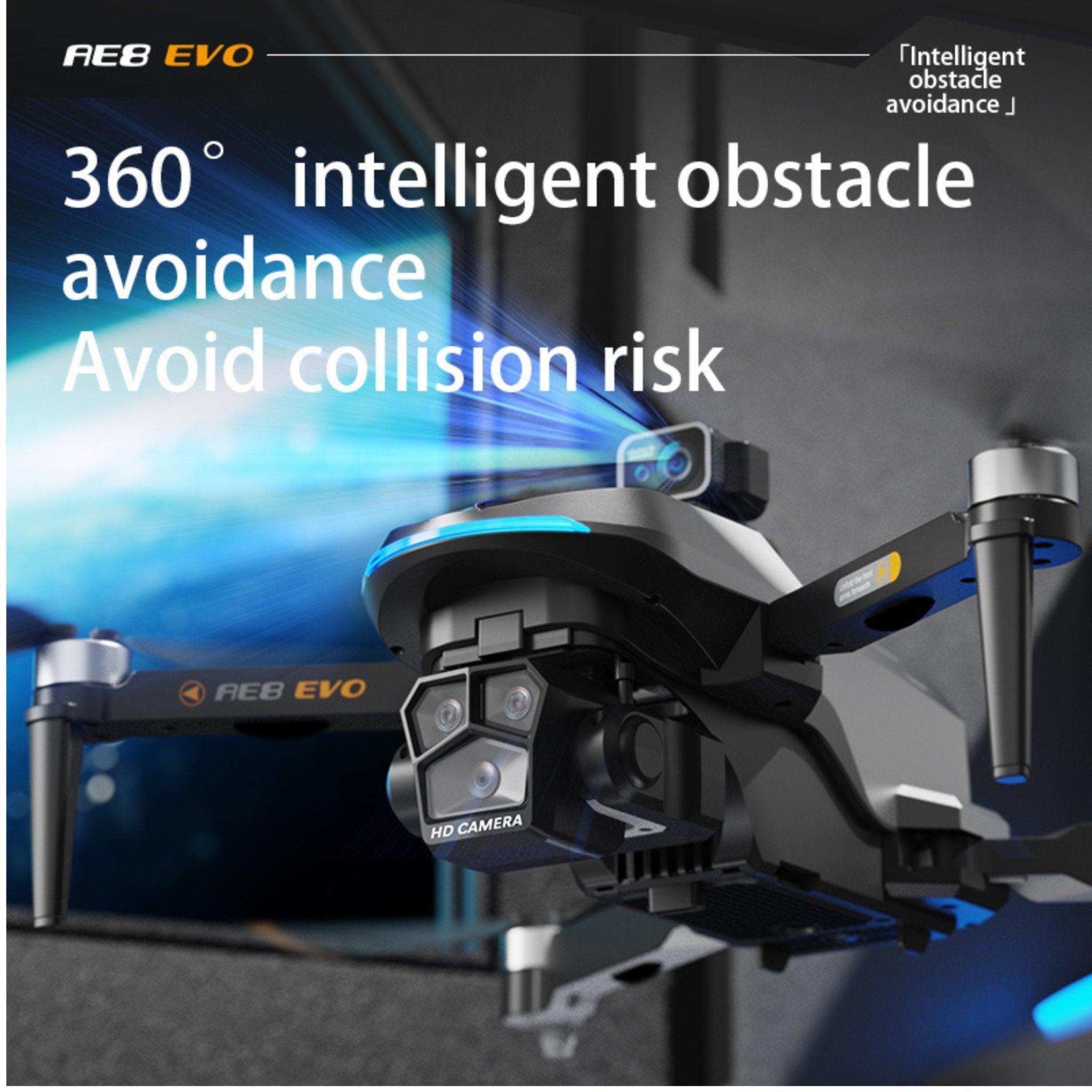 Professional drone with dual HD camera, 360° obstacle avoidance, and REB EVO branding. TUTT