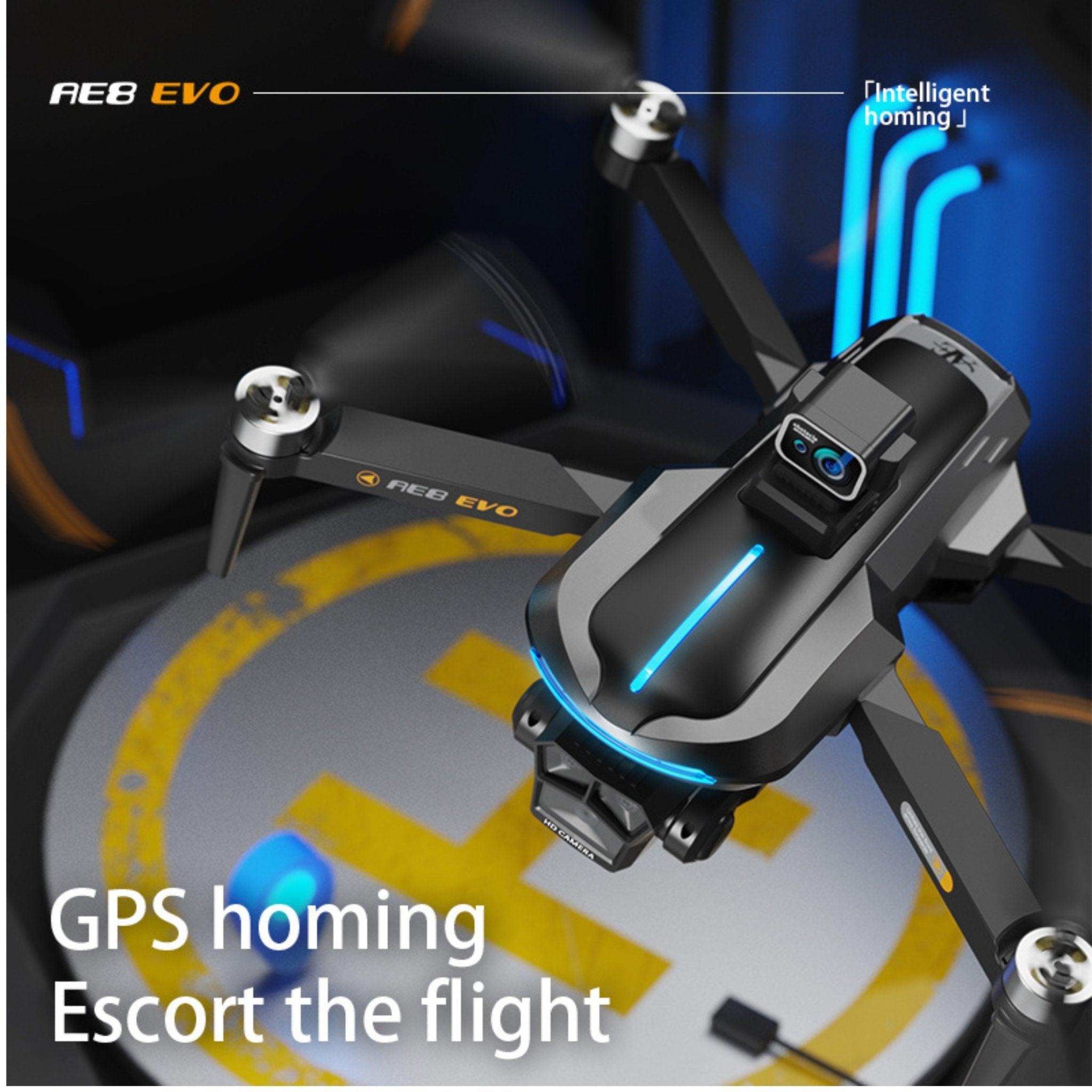 Black RE8 EVO professional GPS drone with dual HD camera and blue LED lights on landing pad, TUTT