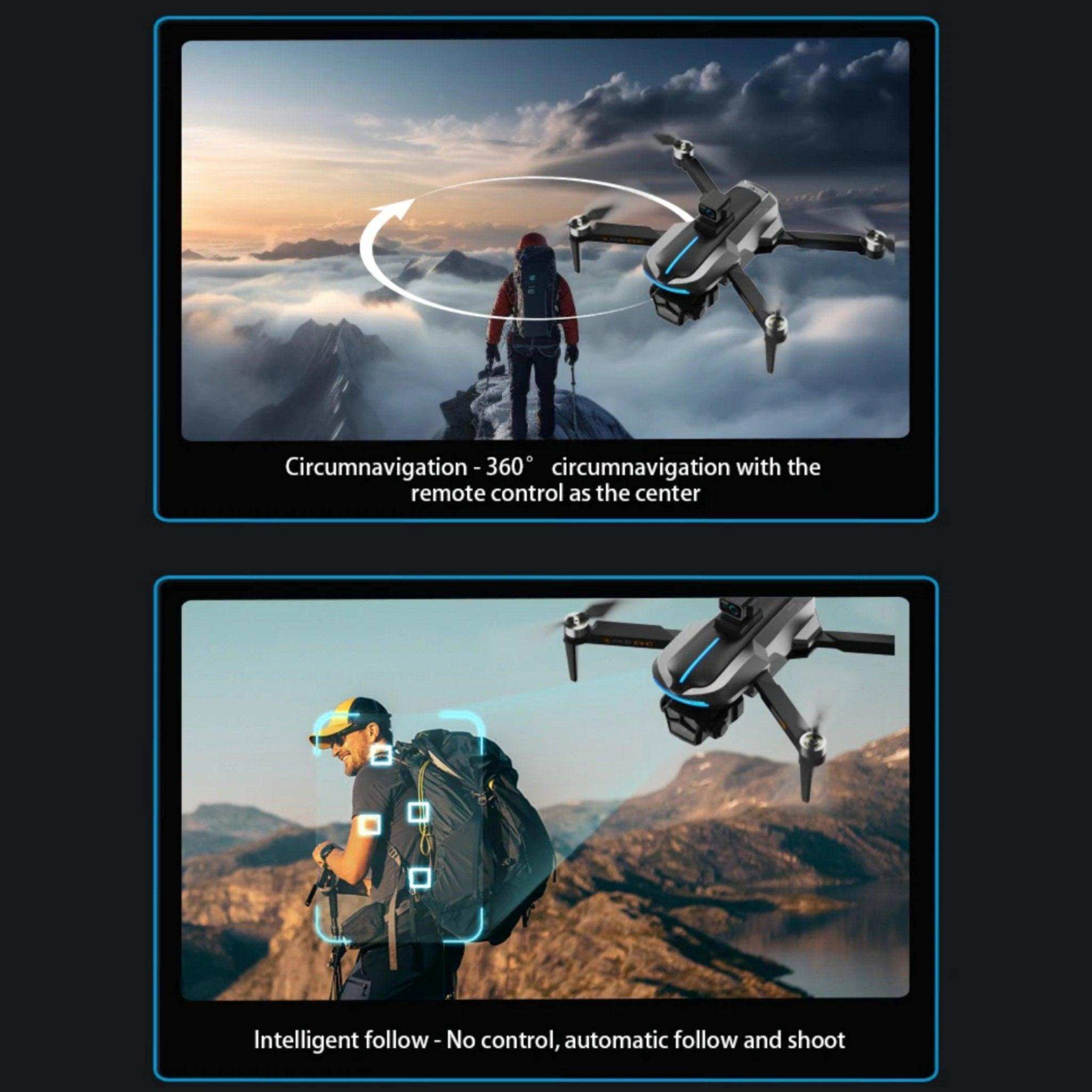 Professional dual HD camera drone flying near hiker in mountains, showcasing 360° circumnavigation features TUTT