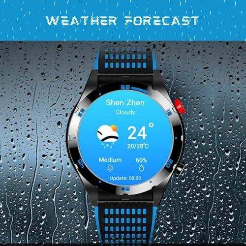 Titanium alloy men’s smart watch with AMOLED screen showing weather forecast, raindrop background, fitness tracker features, TUTT