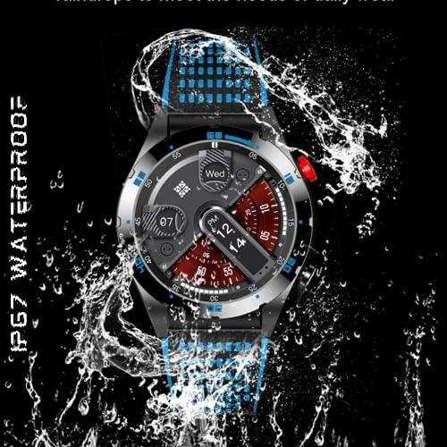 Men's titanium alloy sport smartwatch with AMOLED display and blue strap, splashed by water, labeled IP67 waterproof. TUTT