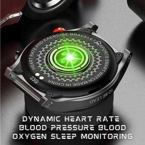 Back of a titanium alloy men's sport smartwatch with green sensor light and health tracking text, TUTT