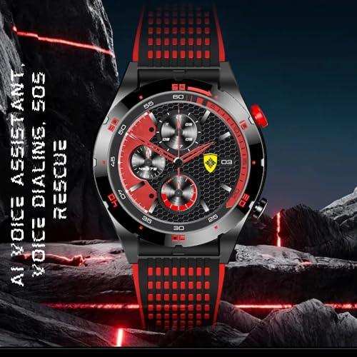 Titanium alloy men's fashion sport smartwatch with AMOLED screen, black and red design, outdoor setting, AI voice assistant TUTT
