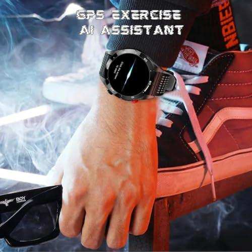 Man wearing AMOLED screen titanium alloy smart watch, red sneakers, holding sunglasses, GPS exercise AI assistant text. TUTT
