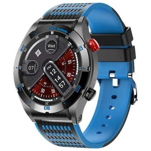 Fashion sport smartwatch for men with round amoled screen, titanium alloy case, blue strap, digital fitness display, and side buttons, TUTT