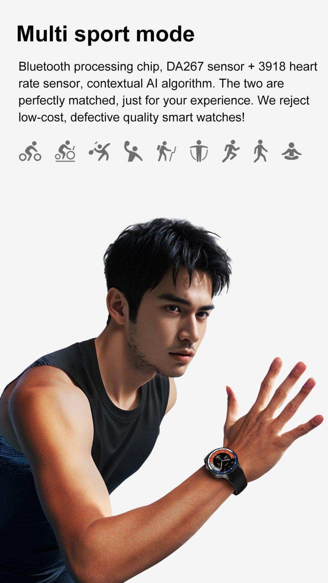 Man wearing a TUTT AMOLED ultra slim smart watch, running in sports mode. TUTT