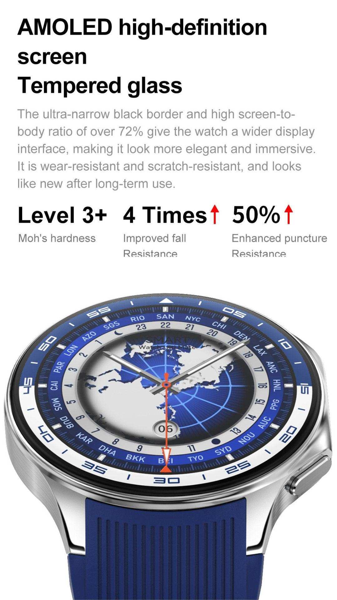 AMOLED ultra-slim smart watch for men with blue strap and world map dial, tempered glass, TUTT