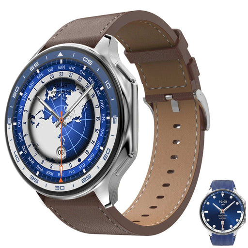 Ultra slim AMOLED smart watch for men with brown leather strap, blue dial, and world map face TUTT