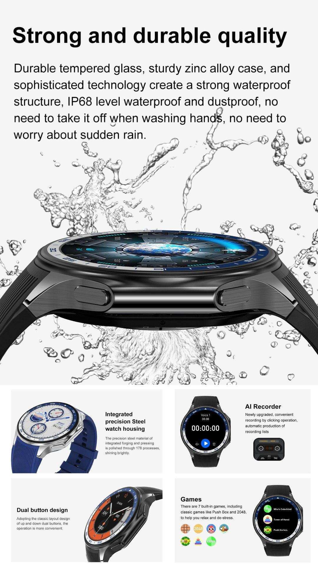 AMOLED ultra slimlight HD smartwatch for men, black round face, waterproof, multiple functions, TUTT