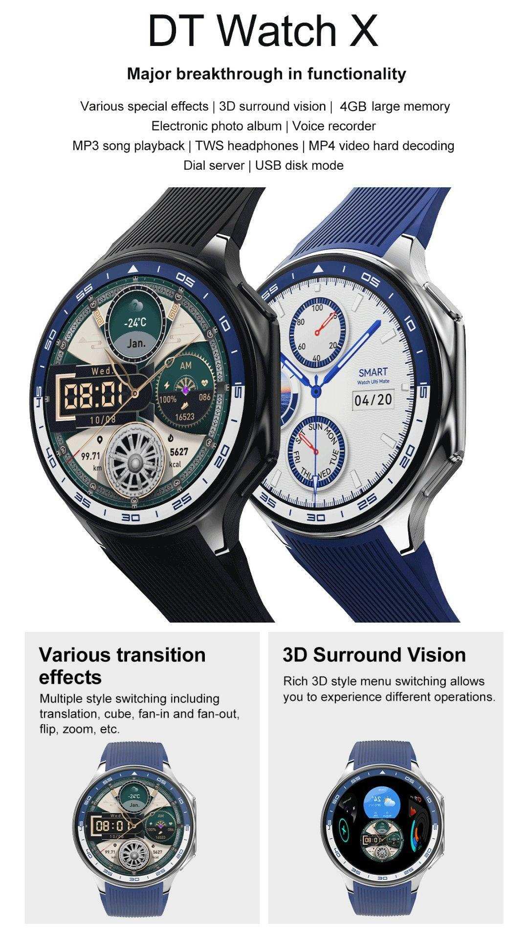 DT Watch X smart watch for men with blue strap, AMOLED display, multi-dial interface, transition and 3D vision features, TUTT