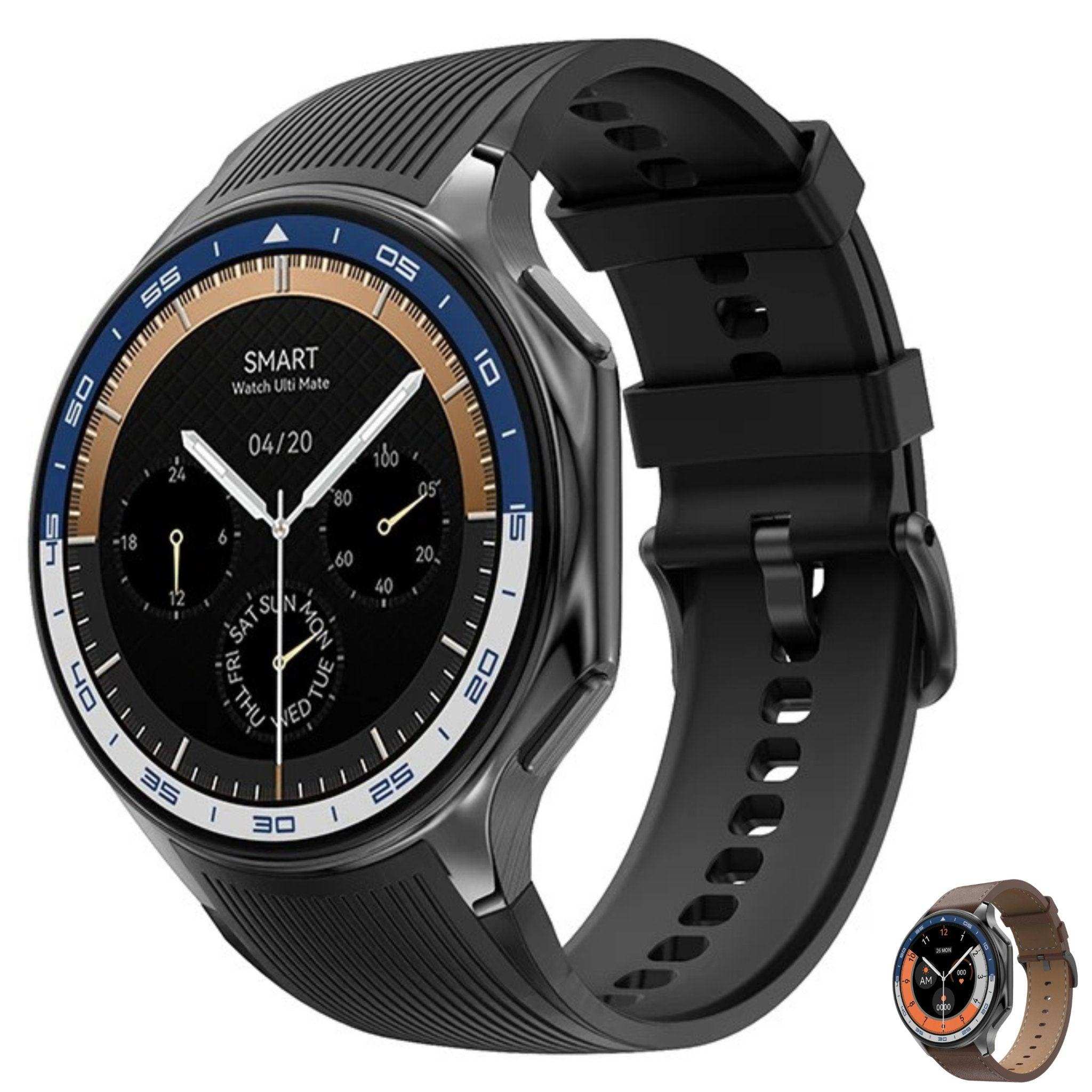 AMOLED ultra slim black smart watch for men with round dial, date display, extra strap, TUTT