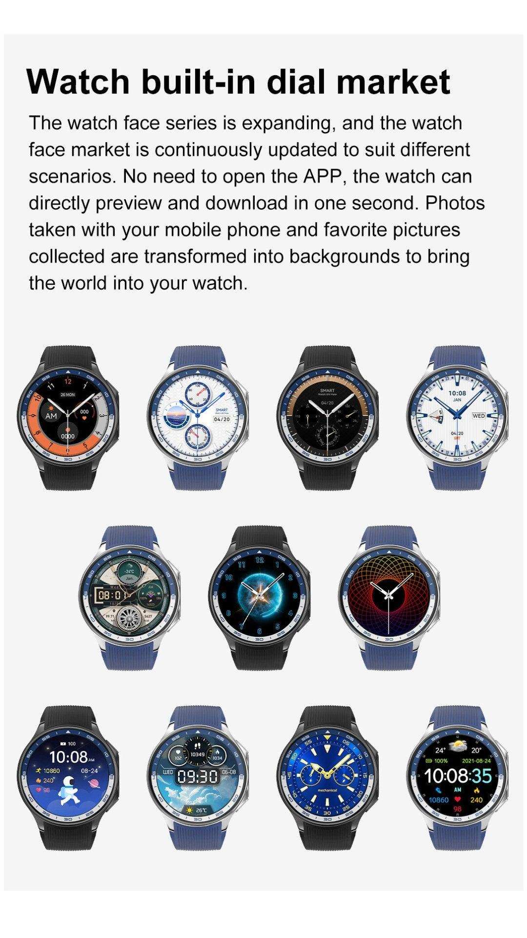 Assorted HD smartwatches display diverse digital watch faces, black and blue straps, TUTT