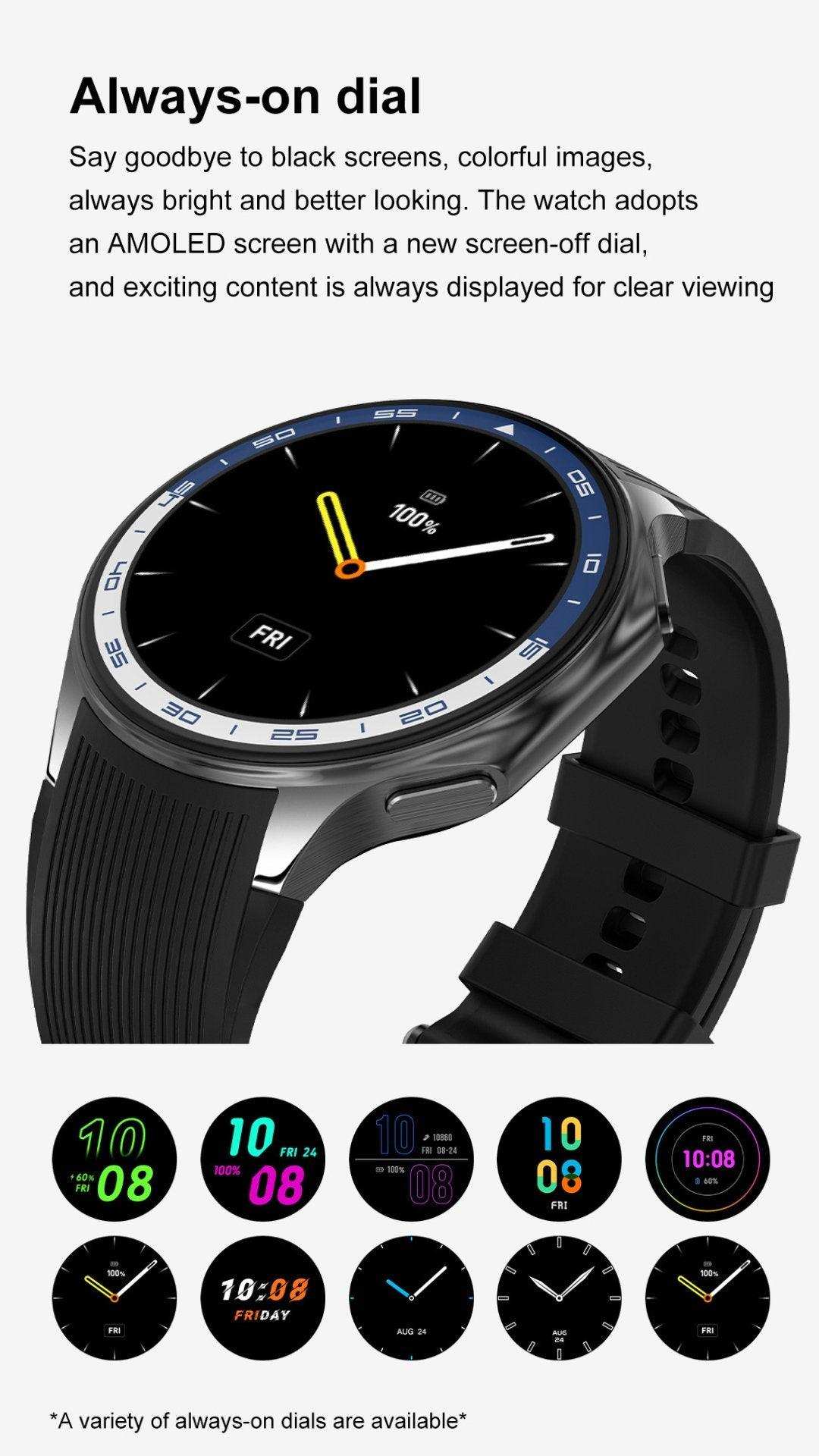 Ultra slim AMOLED smart watch for men with always-on dial display, black strap and multiple dial designs, TUTT