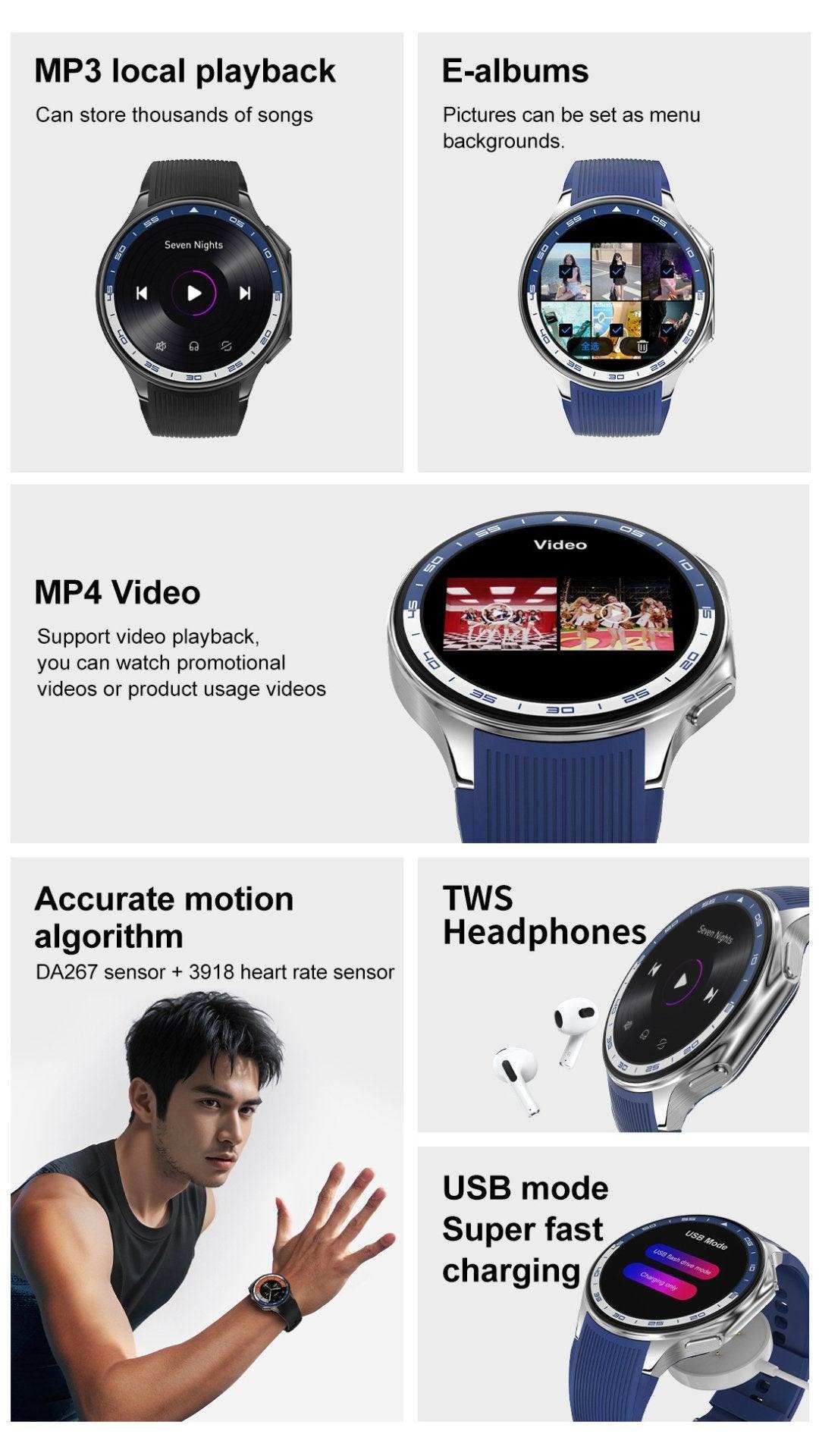 TUTT AMOLED ultra slimlight 143 HD smart watch for men, blue strap, features music, video, fitness, fast USB charging TUTT