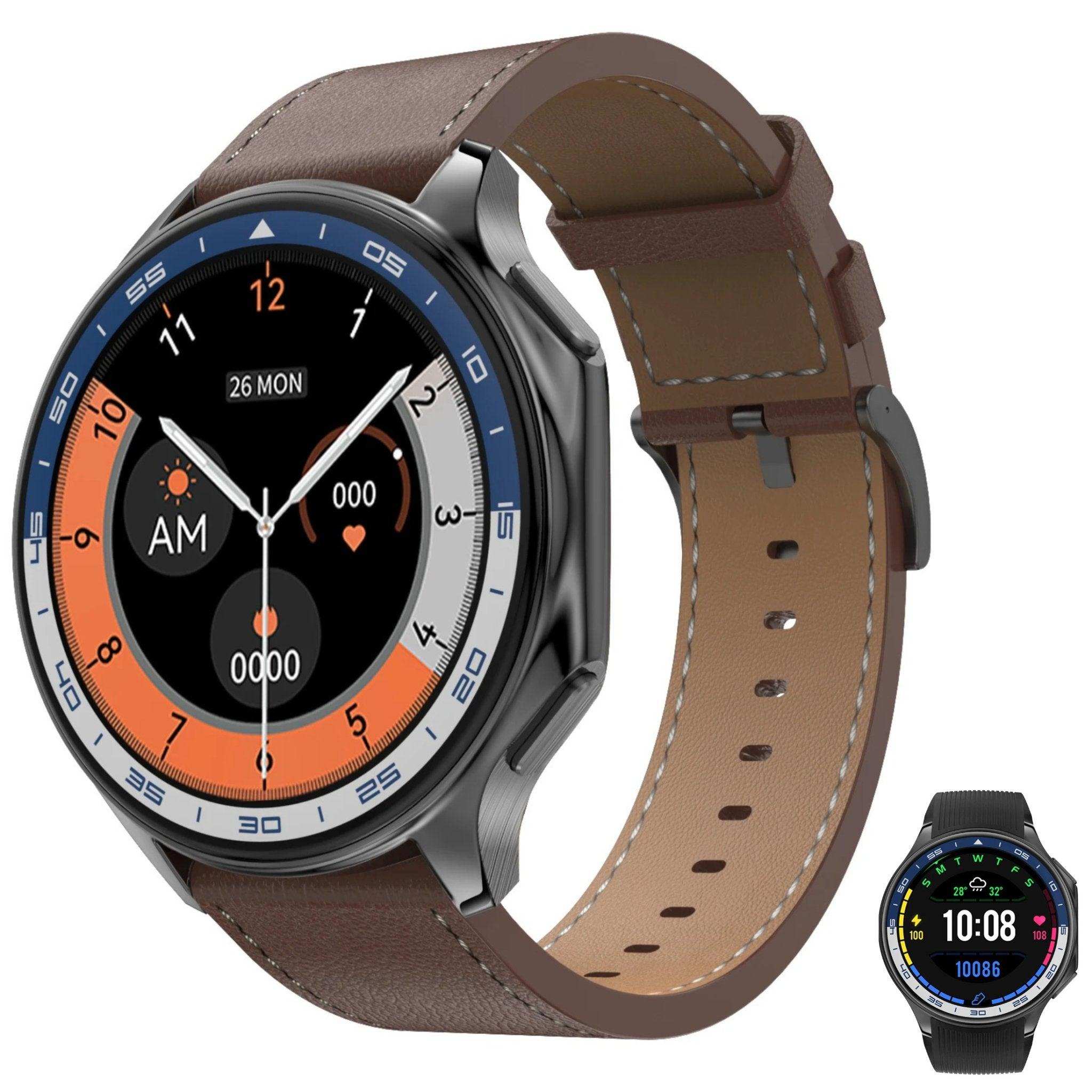 TUTT AMOLED ultra slimlight HD smart watch for men with brown leather strap and digital display TUTT