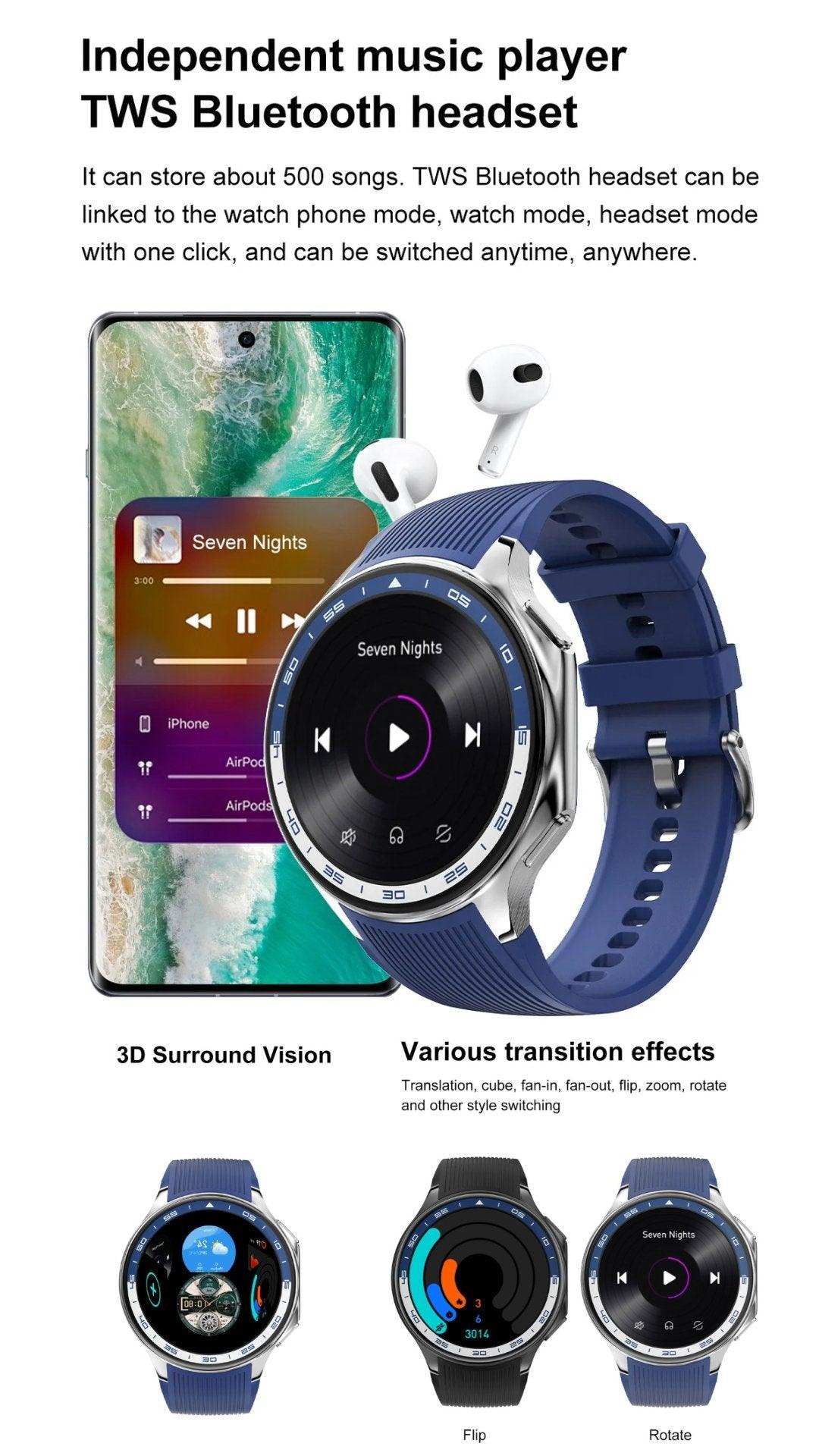 TUTT AMOLED ultra slim smart watch for men with blue strap, music player display, and smartphone. TUTT
