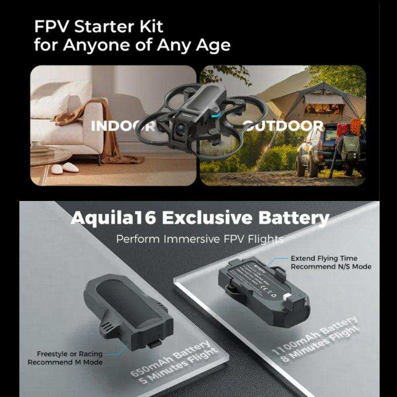 FPV starter kit showing Aquila16 brushless quadcopter, indoor living room, outdoor camping, and exclusive batteries. TUTT