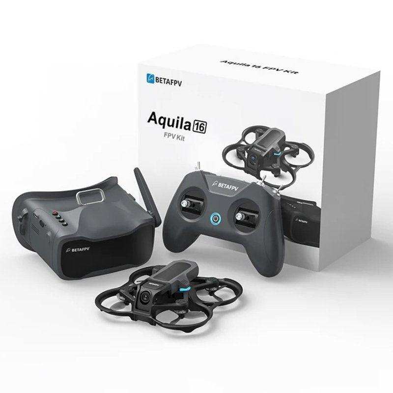BETAFPV Aquila16 FPV drone kit with quadcopter, remote controller, goggles, and box. TUTT