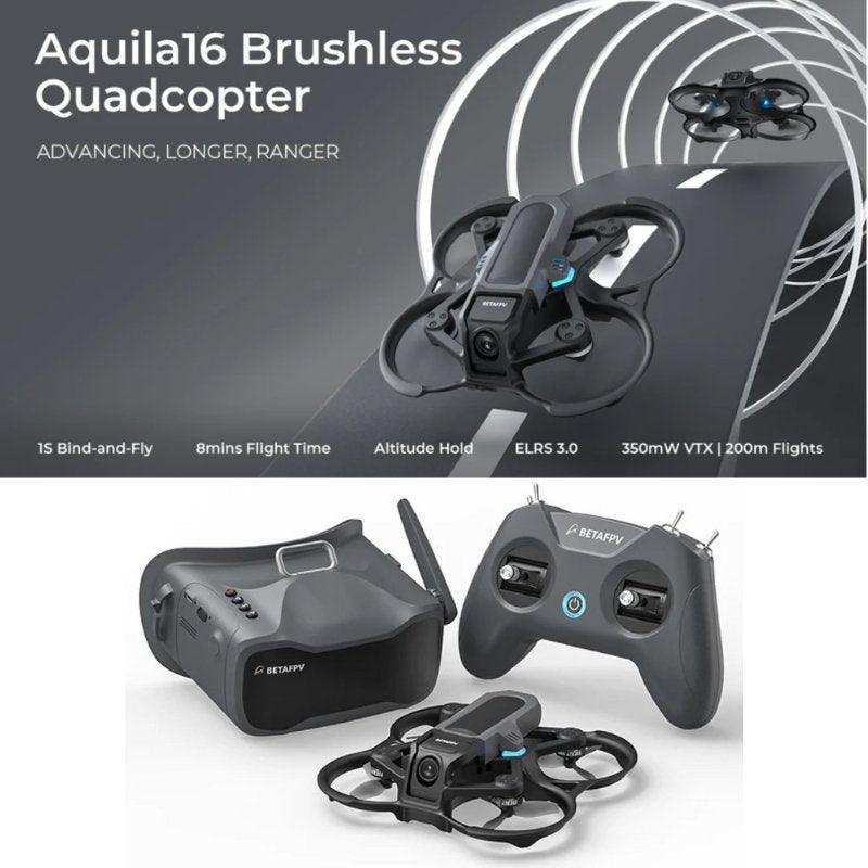 Aquila16 brushless quadcopter kit with goggles and controller, BETAFPV brand, on display. TUTT