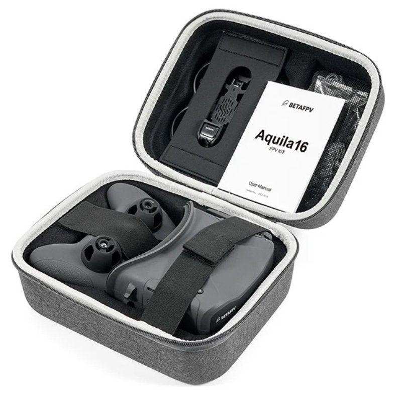 BETAFPV Aquila16 FPV quadcopter kit in travel case with goggles, controller, and manual TUTT