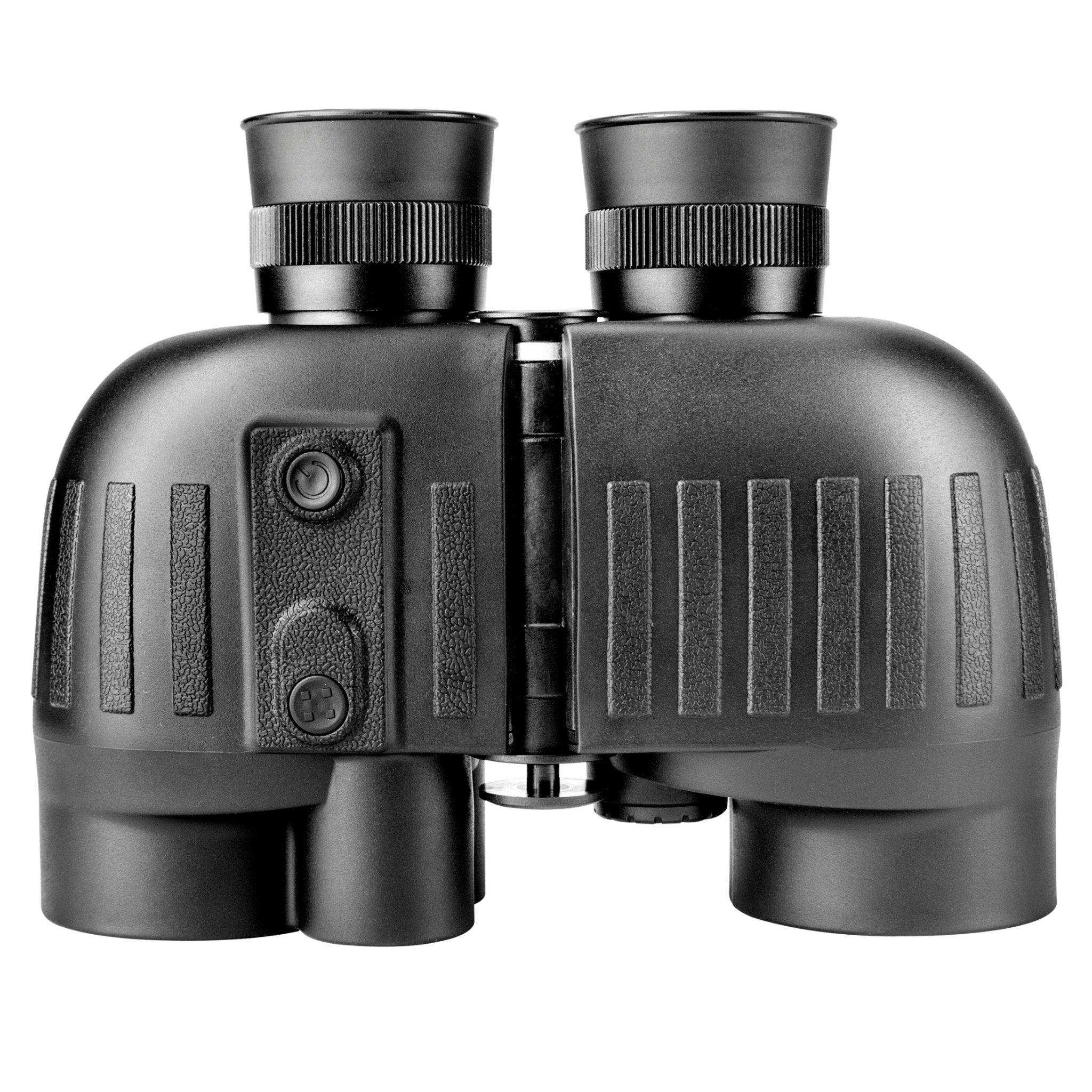 Black laser rangefinder binoculars with textured grip and control buttons, product close-up TUTT