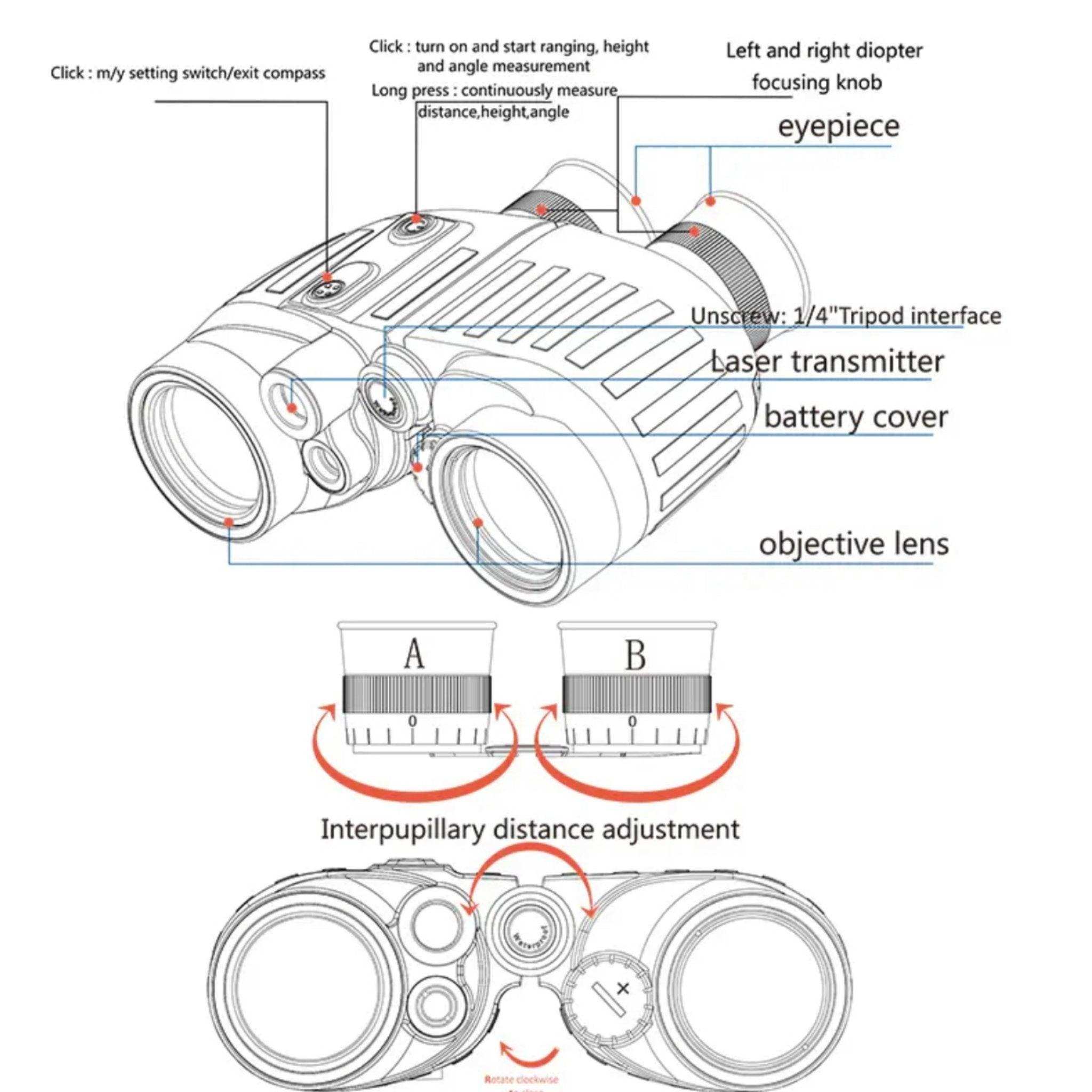 Diagram of TUTT B20 laser range finder binocular 8x40 showing labeled parts and controls TUTT